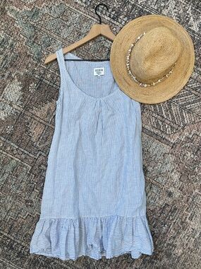 HiHo Portola Linen Mini Dress Size XS Blue Stripe Ruffle Hem Pockets